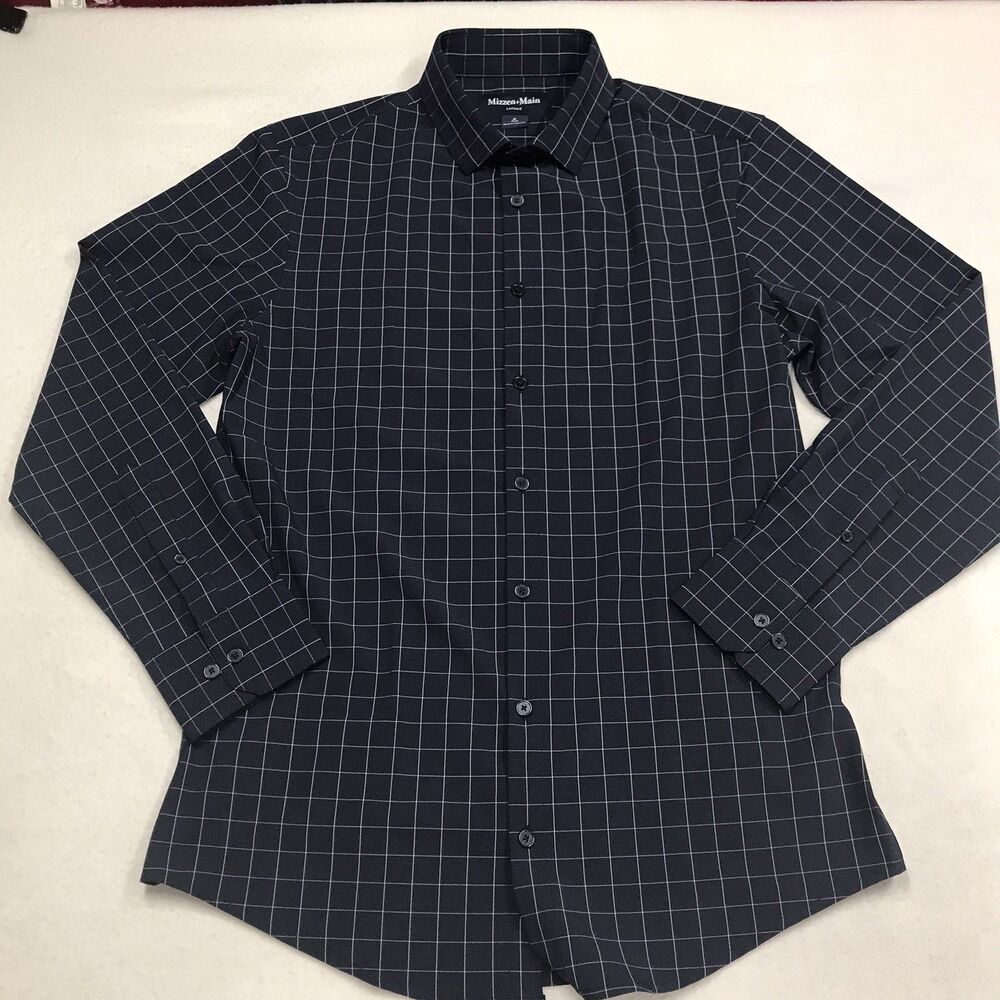 MIZZEN + MAIN Leeward Shirt Men M Trim Navy Blue Window Pane Poly Performance